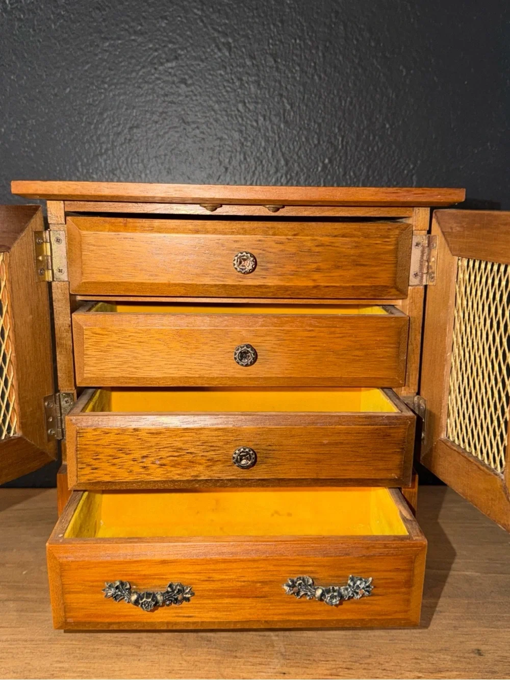 Vintage Y2K 80s 90s Wood Jewelry Armoire Music Box Whimsical Cottagecore Doll